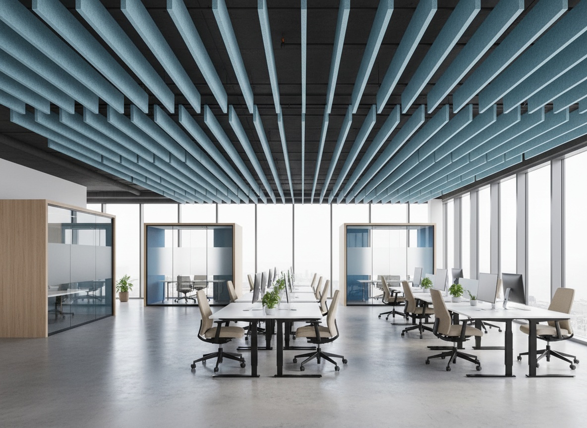 Tech office headquarters with acoustic baffle ceiling system