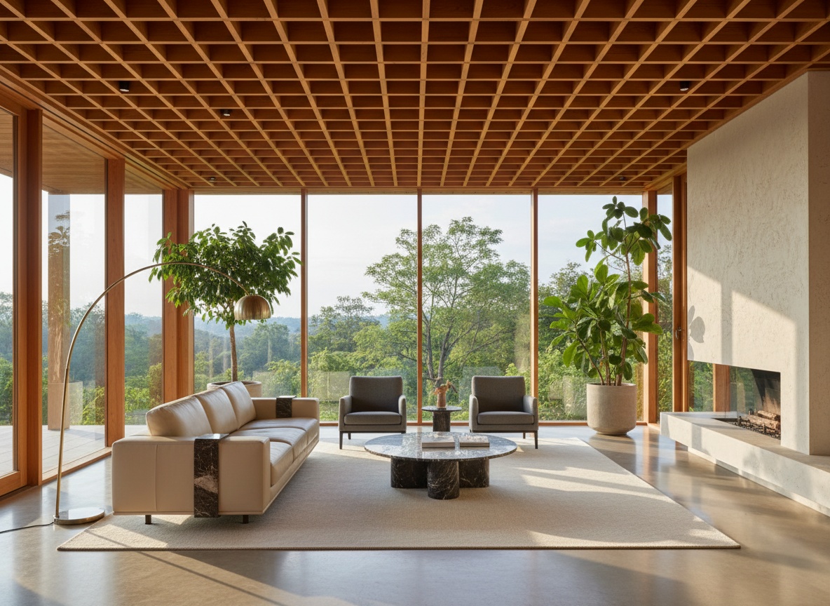 Luxury villa interior featuring wooden slat ceiling