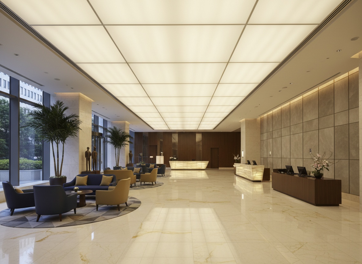 Grand hotel lobby with luminous stretch ceiling installation