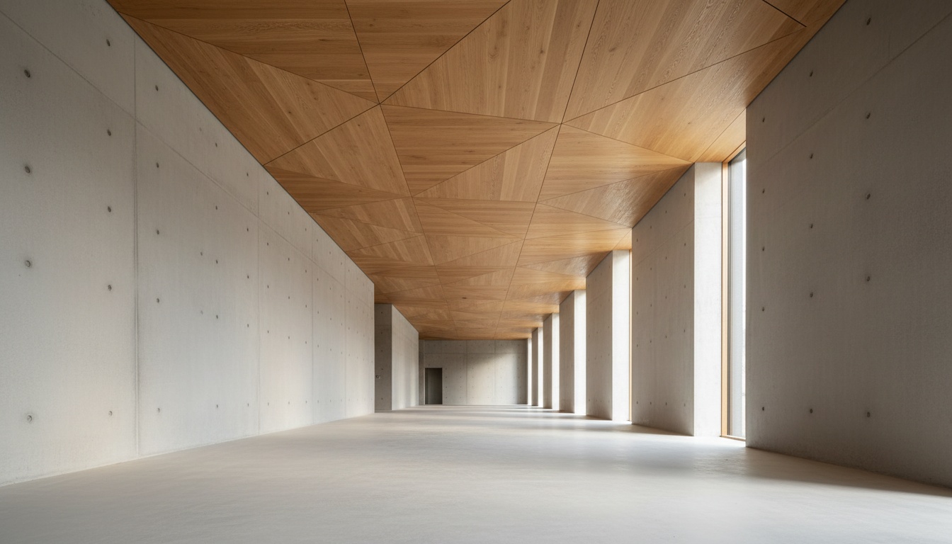Architectural ceiling interior featuring geometric wooden panels and dramatic natural light